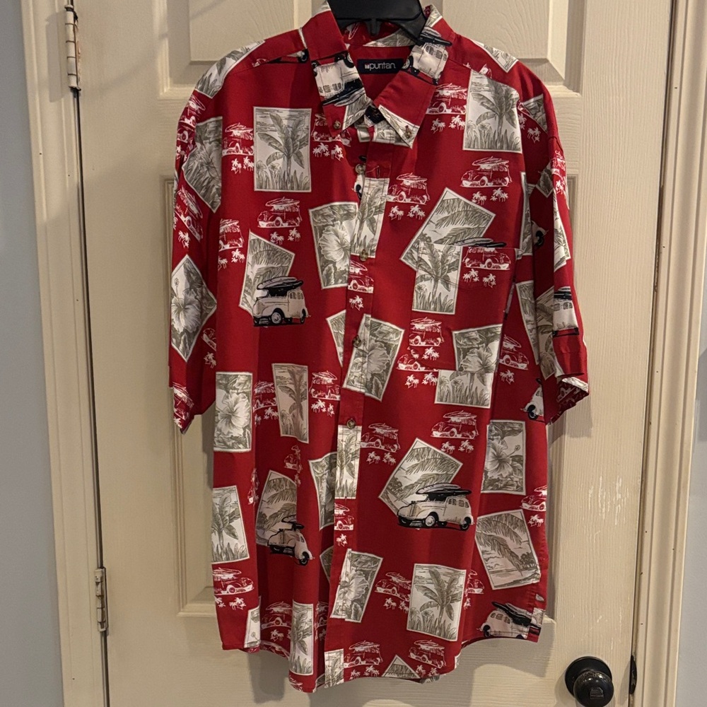 Puritan Red Hawaiian-Style Button Down Shirt with Van & Palm Print